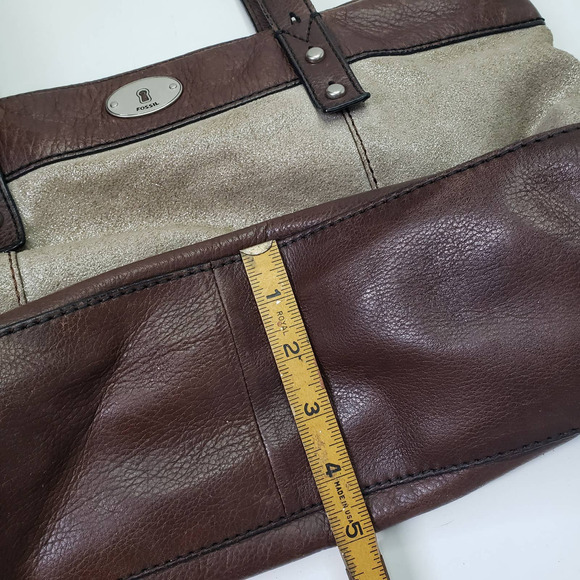 Fossil Zip Top Shoulder Bag Tote Leather Shimmer Fabric Purse - Picture 13 of 13